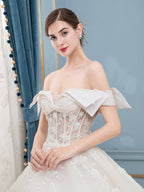 Vestidos de novia de estilo gala con cuentas, lujosos, largos hasta el suelo, hombros descubiertos, manga corta