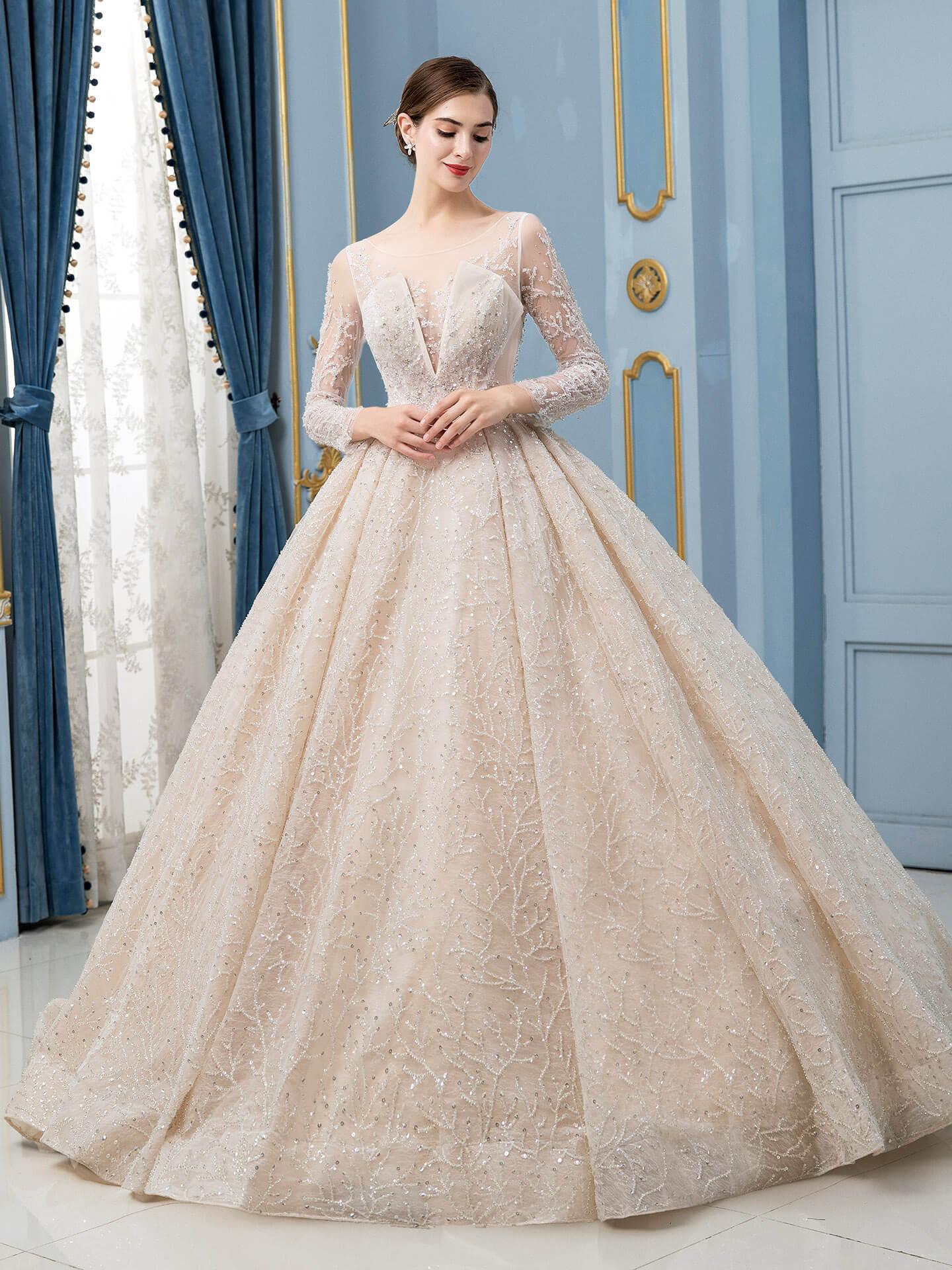 Vestidos de novia de estilo gala con cuentas, lujosos, largos hasta el suelo, manga larga