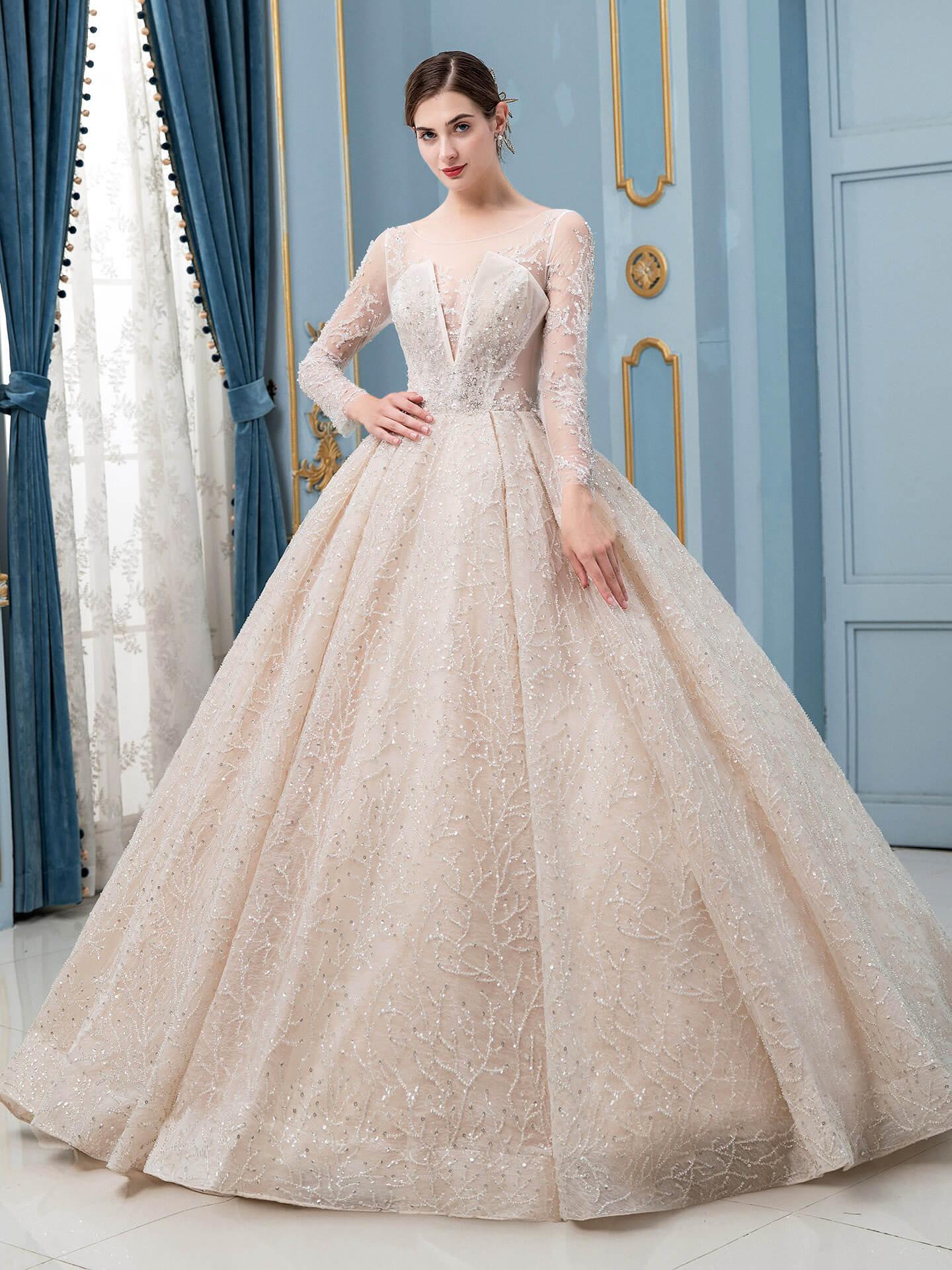 Vestidos de novia de estilo gala con cuentas, lujosos, largos hasta el suelo, manga larga