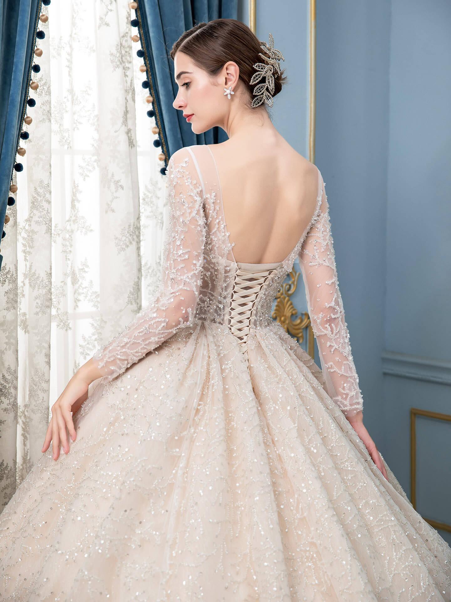 Vestidos de novia de estilo gala con cuentas, lujosos, largos hasta el suelo, manga larga