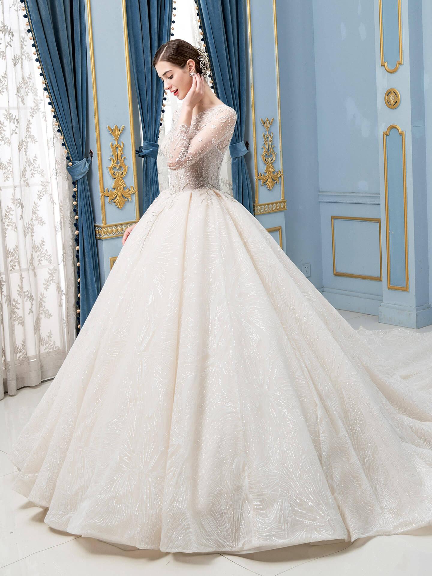 NumberSea - Ball Gown Wedding Dresses Beaded Luxurious Floor Length Long Sleeve