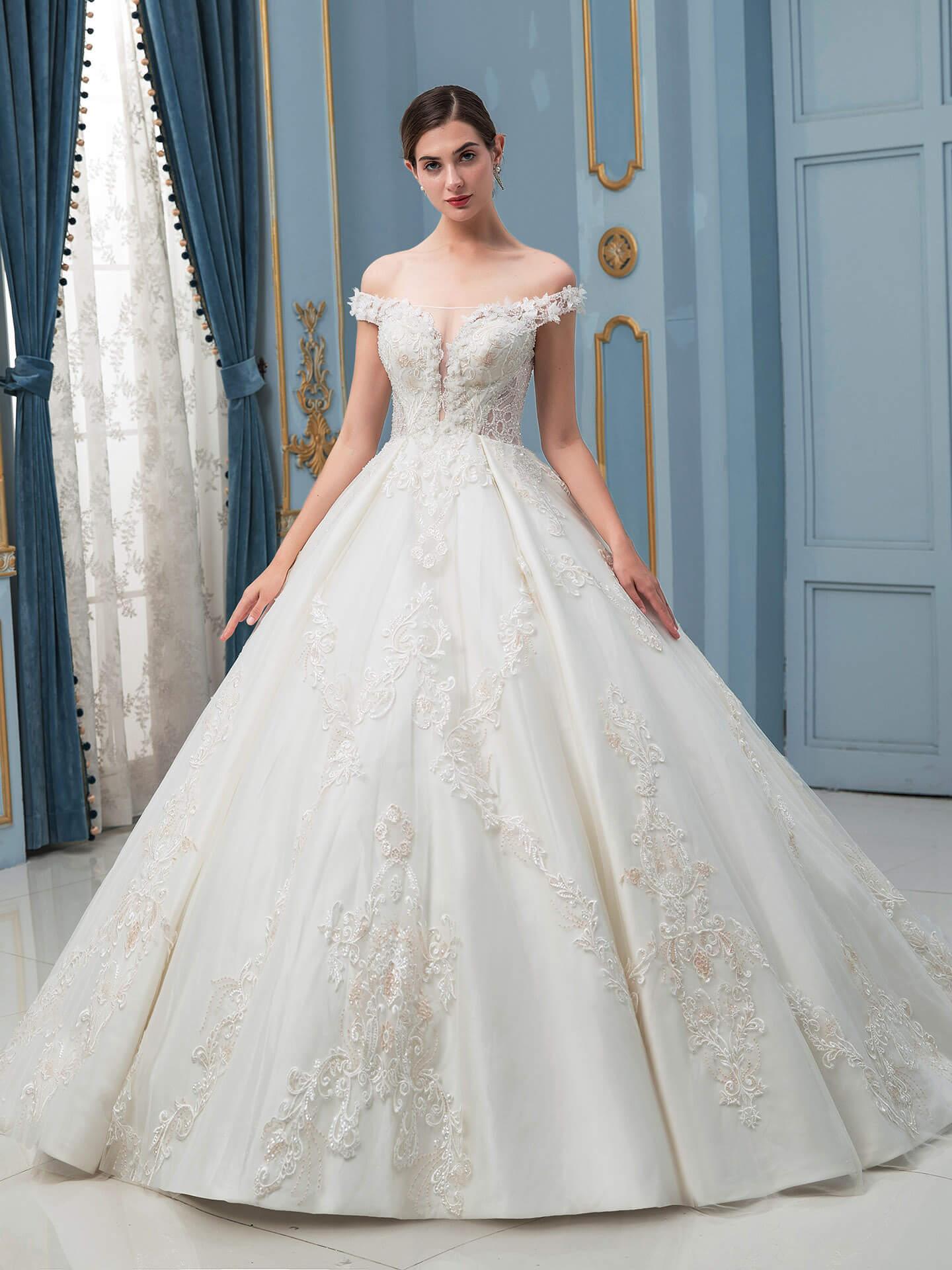 Vestidos de novia de estilo gala con apliques de encaje y cuentas, lujosos, hombros descubiertos, largo hasta el suelo, cola larga