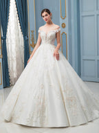 Vestidos de novia de estilo gala con apliques de encaje y cuentas, lujosos, hombros descubiertos, largo hasta el suelo, cola larga