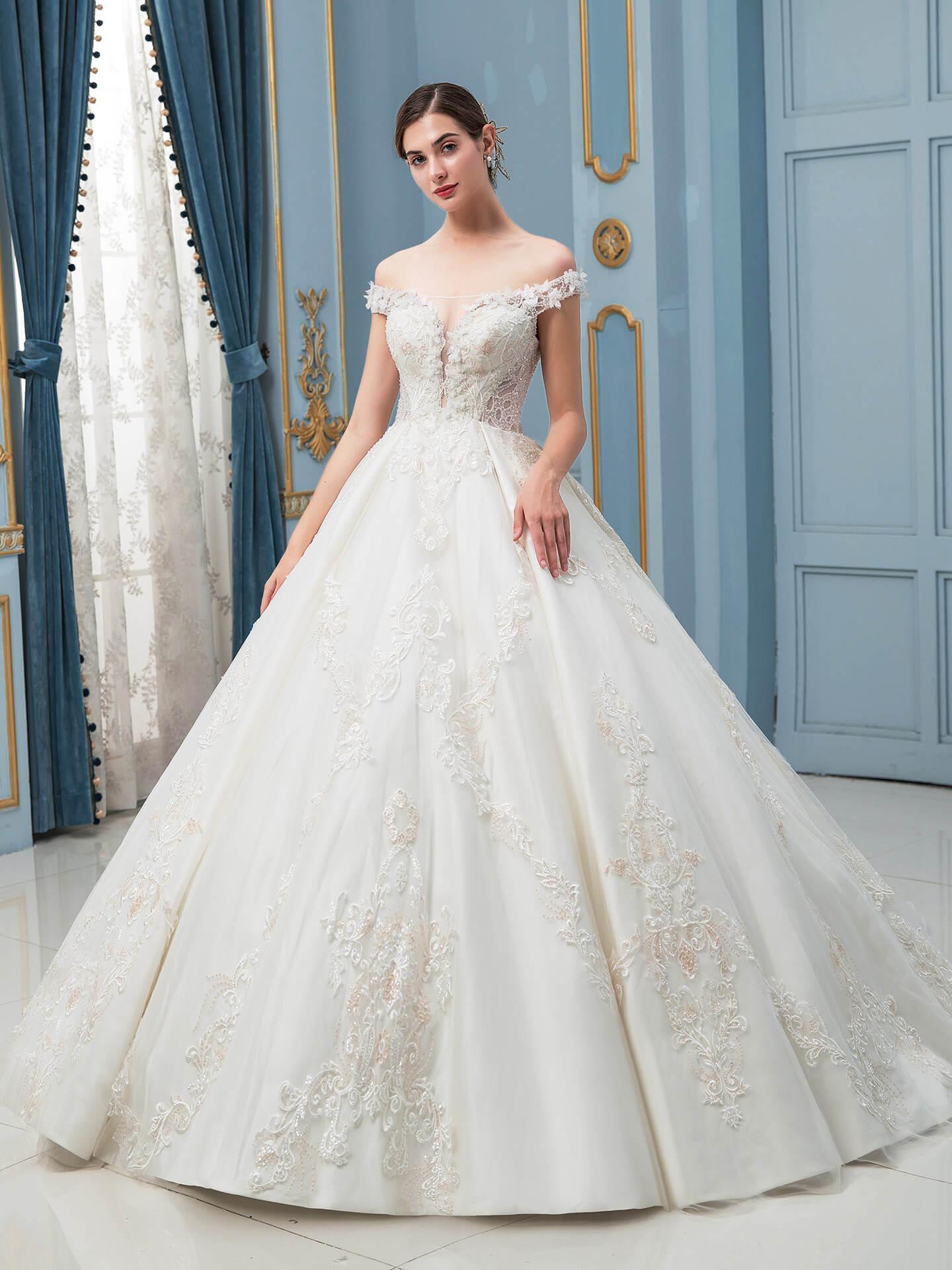 Vestidos de novia de estilo gala con apliques de encaje y cuentas, lujosos, hombros descubiertos, largo hasta el suelo, cola larga