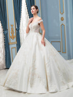Vestidos de novia de estilo gala con apliques de encaje y cuentas, lujosos, hombros descubiertos, largo hasta el suelo, cola larga