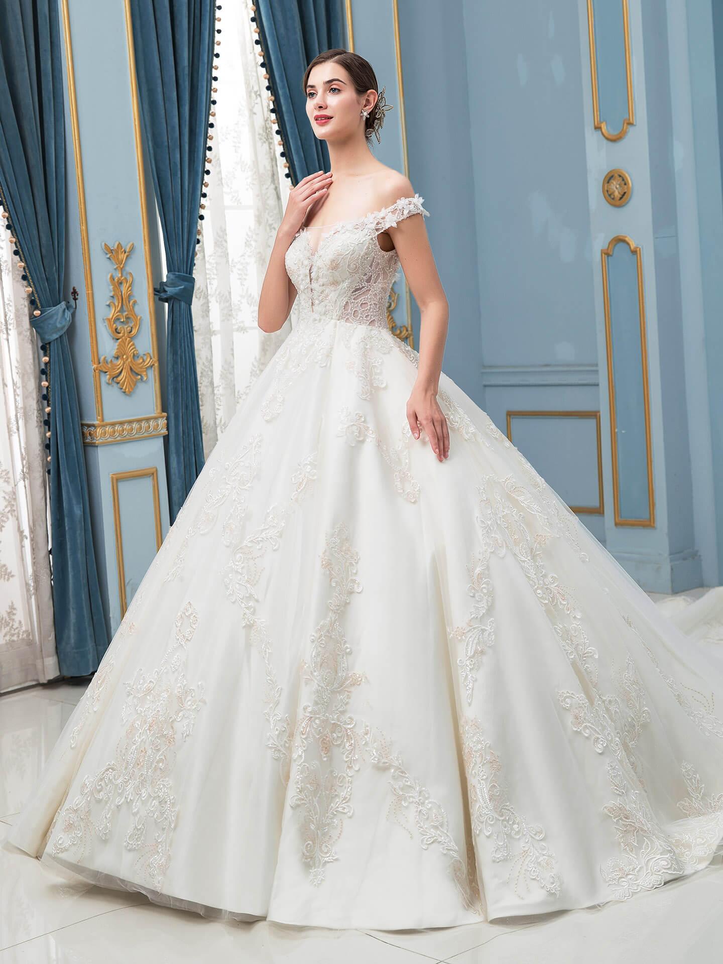 Vestidos de novia de estilo gala con apliques de encaje y cuentas, lujosos, hombros descubiertos, largo hasta el suelo, cola larga