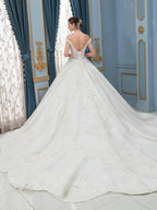 Vestidos de novia de estilo gala con apliques de encaje y cuentas, lujosos, hombros descubiertos, largo hasta el suelo, cola larga