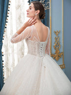 Numbersea A-line Lace Beaded Wedding Dresses Long Sleeve Floor Length With Long Train