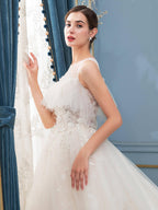 NumberSea - A - line Tulle Beaded Wedding Dresses Sleeveless Floor Length With Long Train