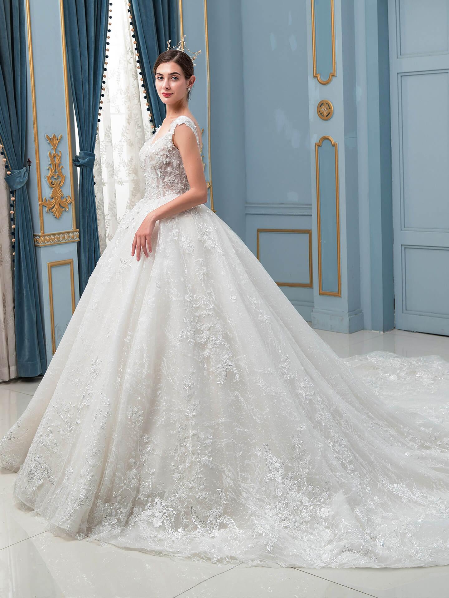 Vestidos de novia de estilo gala, hechos a mano, con cuentas, lujosos, largos hasta el suelo, sin mangas, con cola larga
