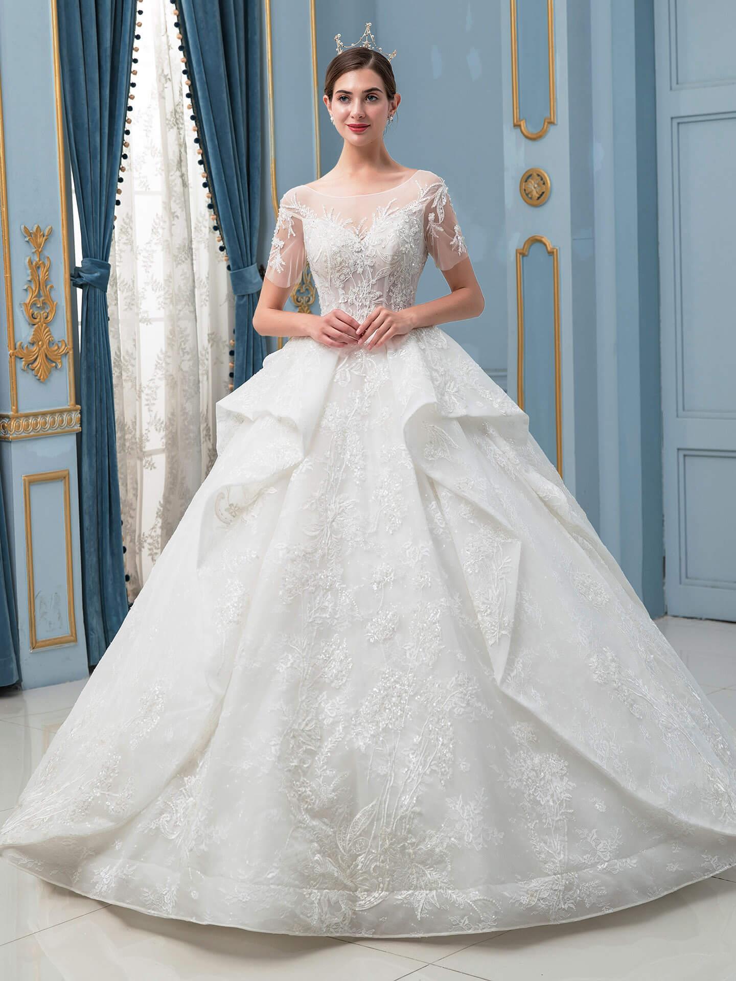 Vestidos de novia de estilo gala hechos a mano con cuentas, lujosos, largos hasta el suelo, manga corta y cola larga