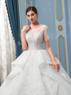 Vestidos de novia de estilo gala hechos a mano con cuentas, lujosos, largos hasta el suelo, manga corta y cola larga