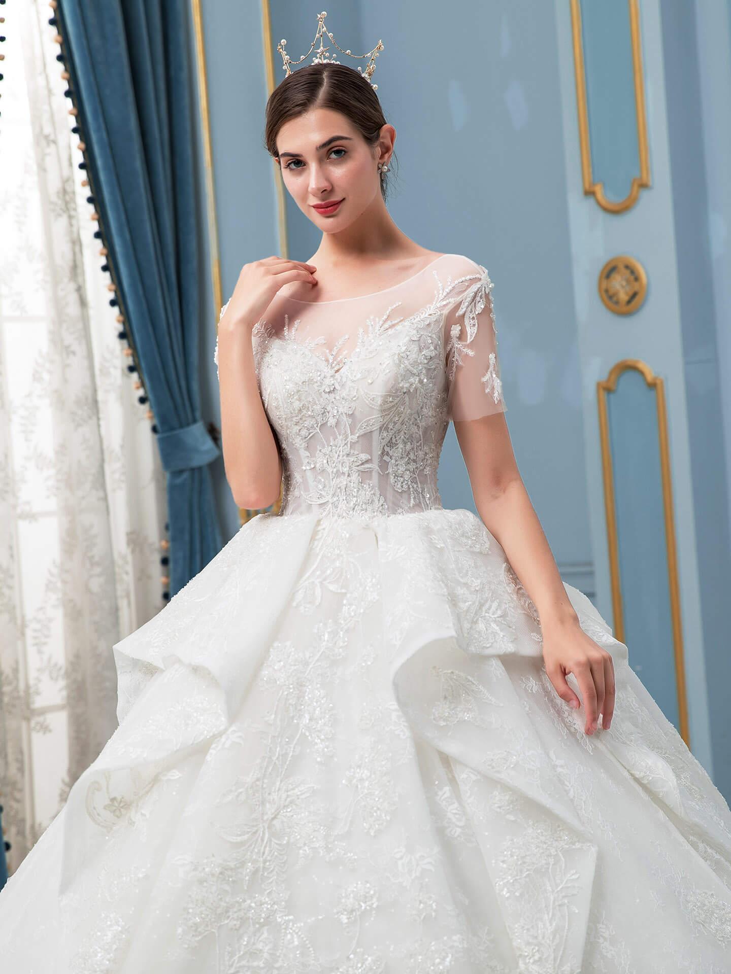 Vestidos de novia de estilo gala hechos a mano con cuentas, lujosos, largos hasta el suelo, manga corta y cola larga