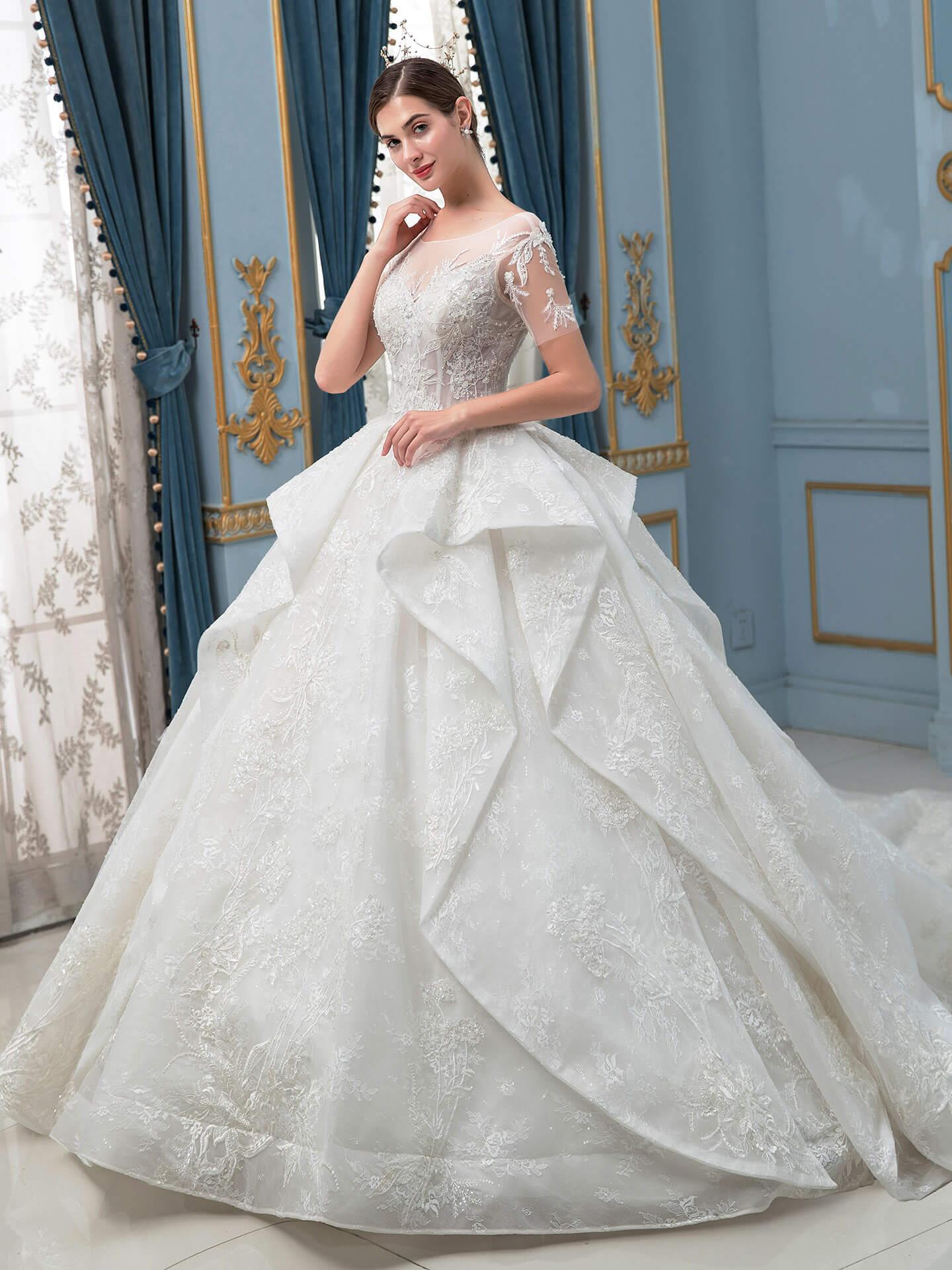 Vestidos de novia de estilo gala hechos a mano con cuentas, lujosos, largos hasta el suelo, manga corta y cola larga