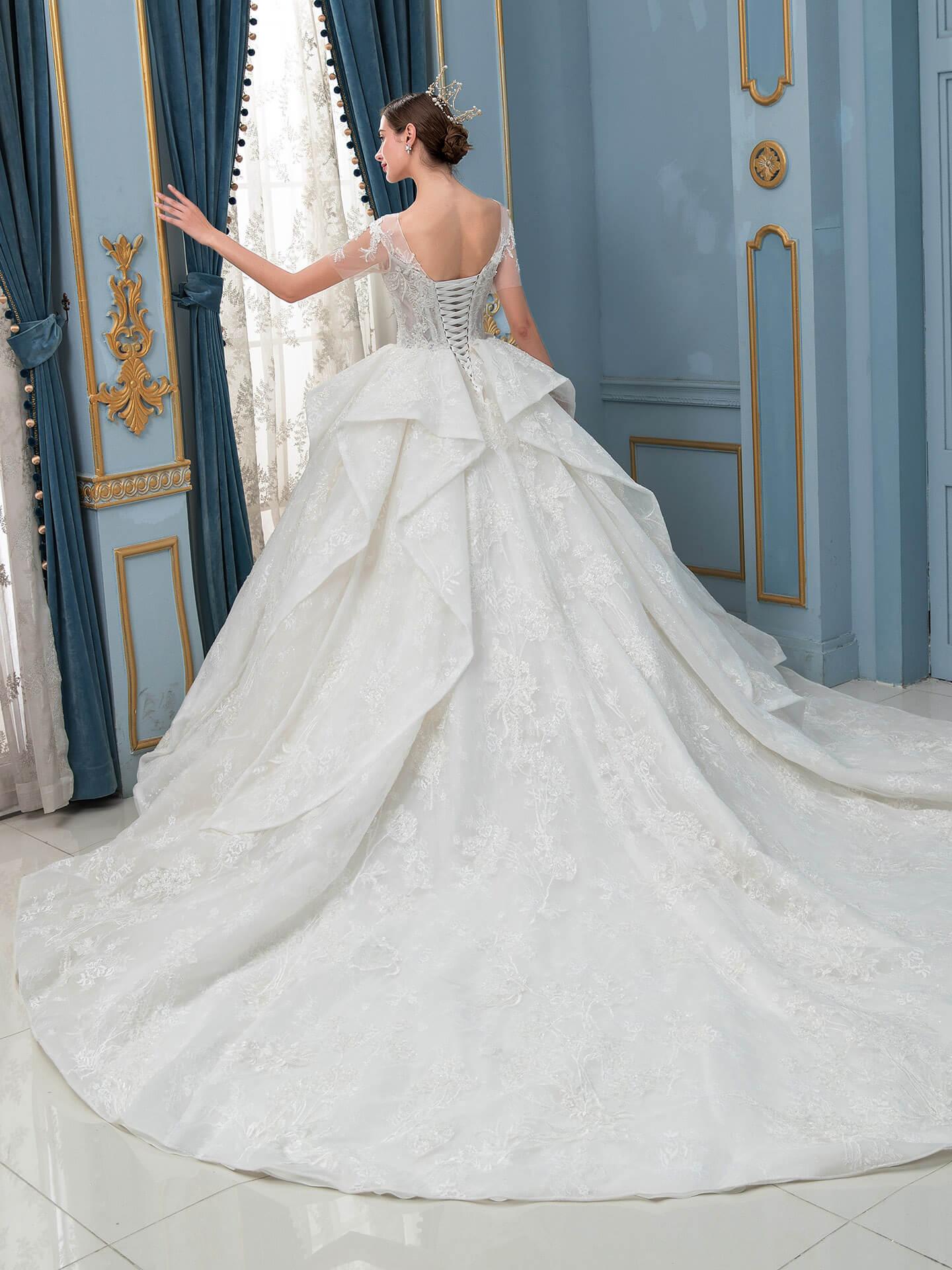 Vestidos de novia de estilo gala hechos a mano con cuentas, lujosos, largos hasta el suelo, manga corta y cola larga