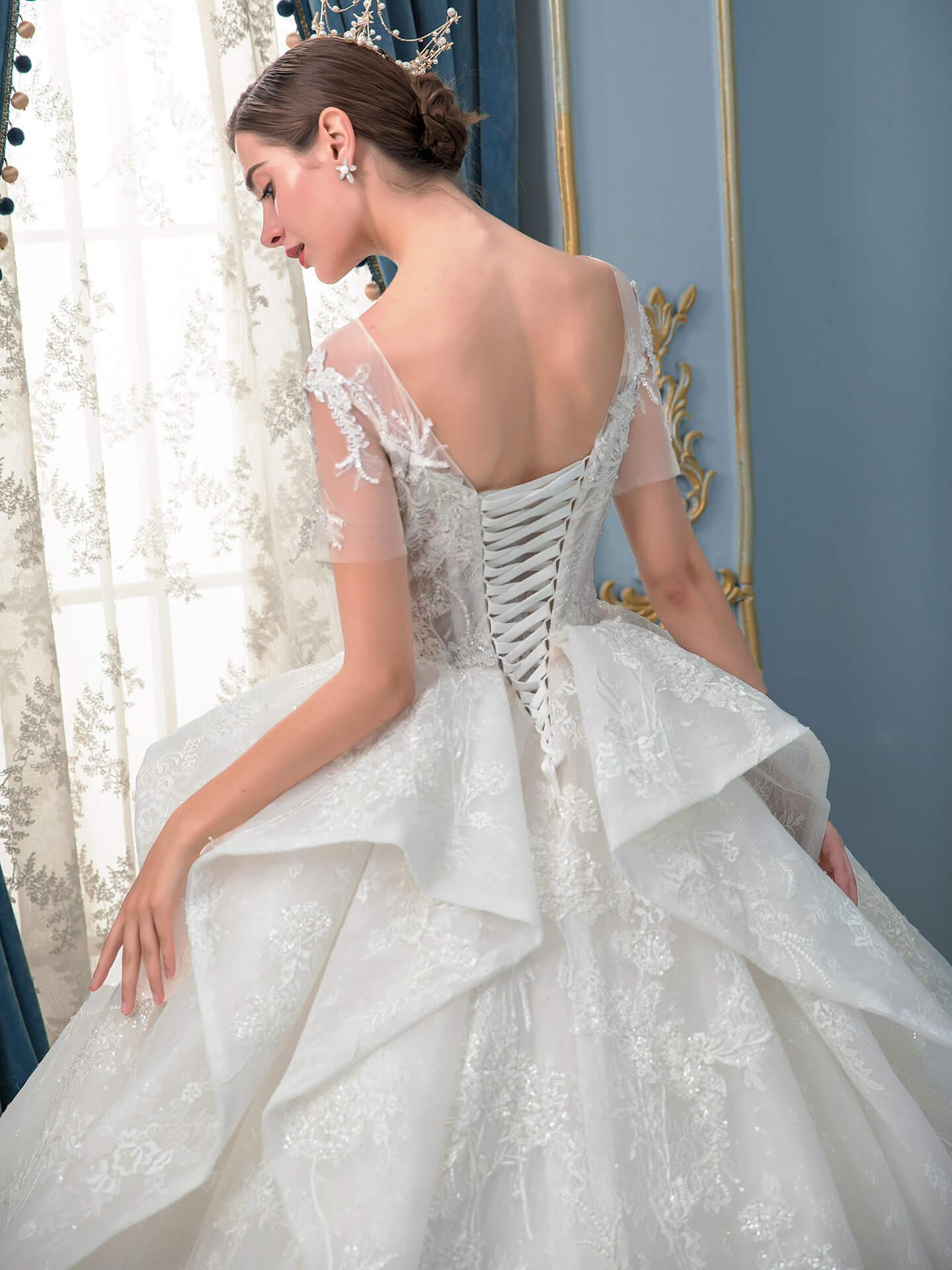 Vestidos de novia de estilo gala hechos a mano con cuentas, lujosos, largos hasta el suelo, manga corta y cola larga