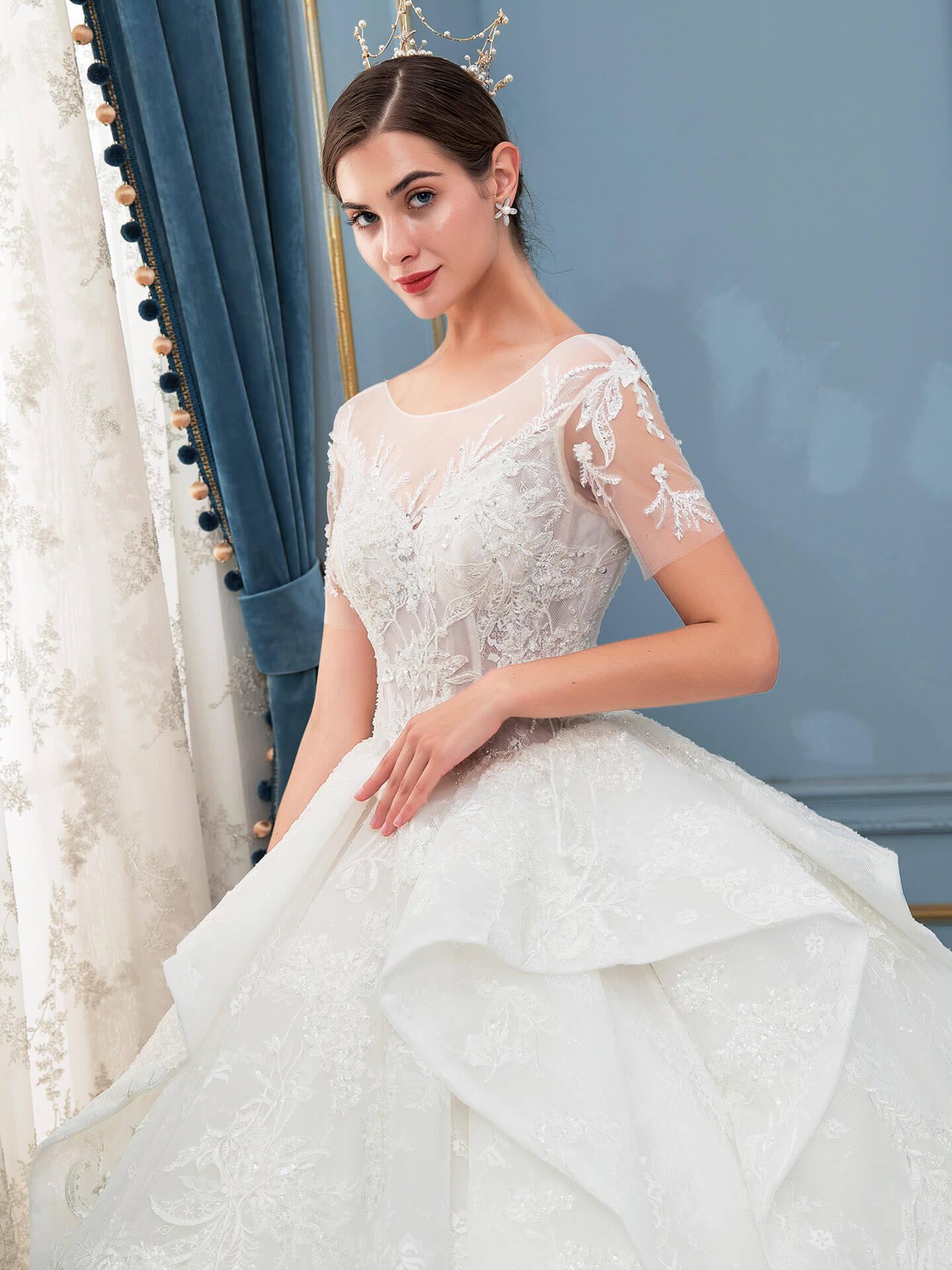 Vestidos de novia de estilo gala hechos a mano con cuentas, lujosos, largos hasta el suelo, manga corta y cola larga