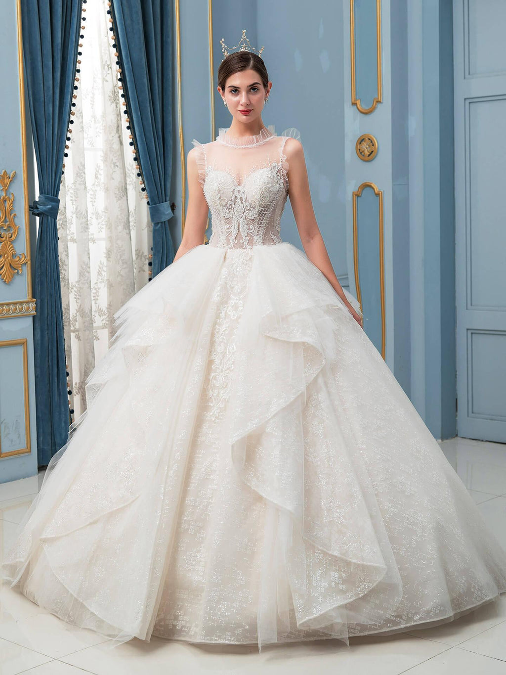 Vestidos de novia de estilo gala, hechos a mano, con cuentas, lujosos, largos hasta el suelo, sin mangas y con cola larga
