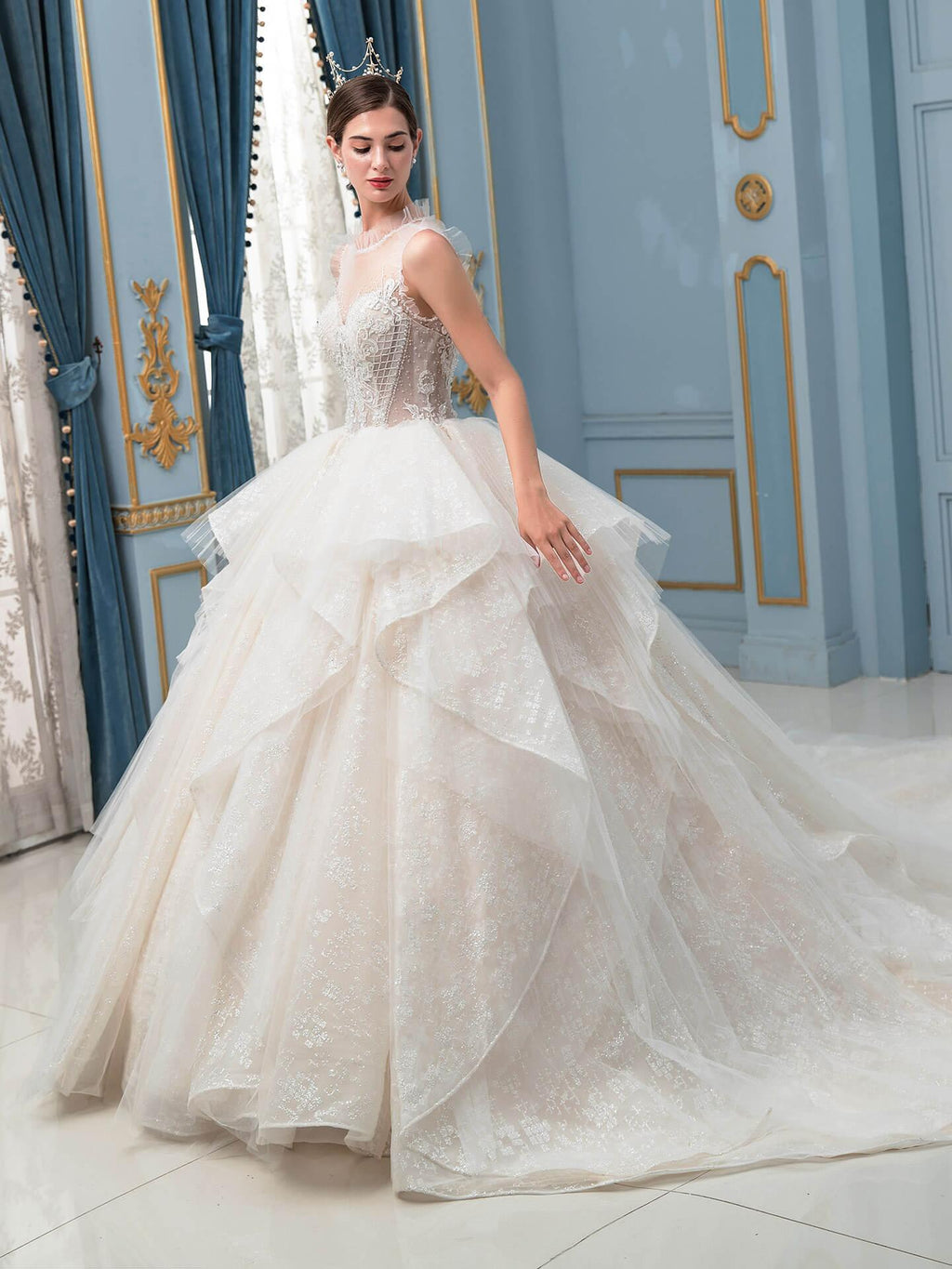 Vestidos de novia de estilo gala, hechos a mano, con cuentas, lujosos, largos hasta el suelo, sin mangas y con cola larga