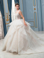 Vestidos de novia de estilo gala, hechos a mano, con cuentas, lujosos, largos hasta el suelo, sin mangas y con cola larga