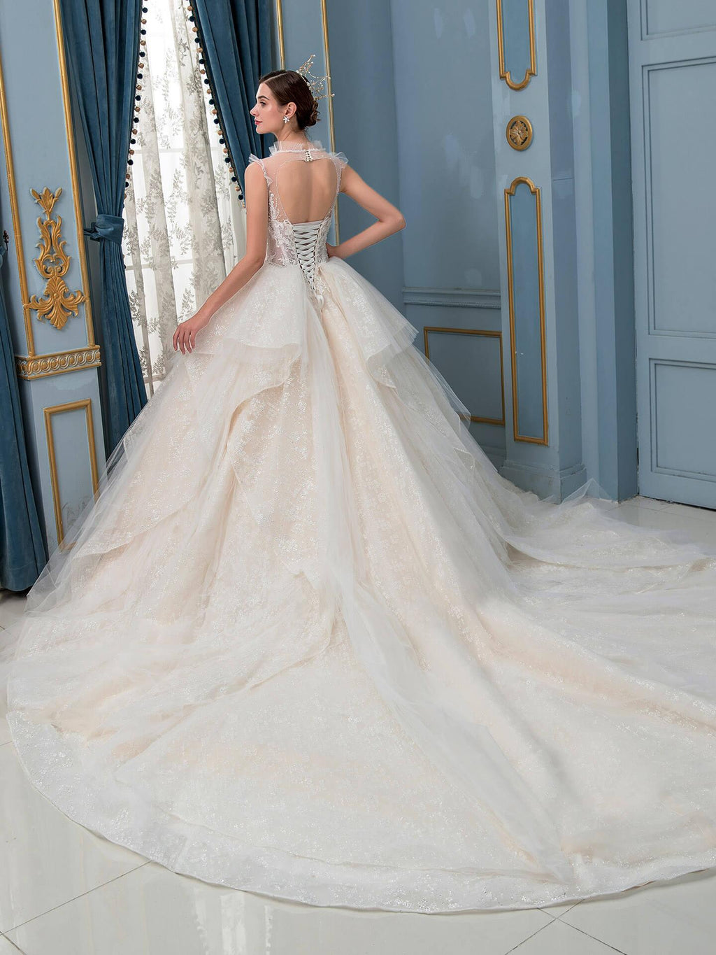 Vestidos de novia de estilo gala, hechos a mano, con cuentas, lujosos, largos hasta el suelo, sin mangas y con cola larga