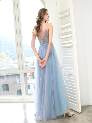 NumberSea Boutique Evening Dresses Luxury Beaded Prom Dress Luxury Evening Party Dresses Spaghetti Strap Dressblee