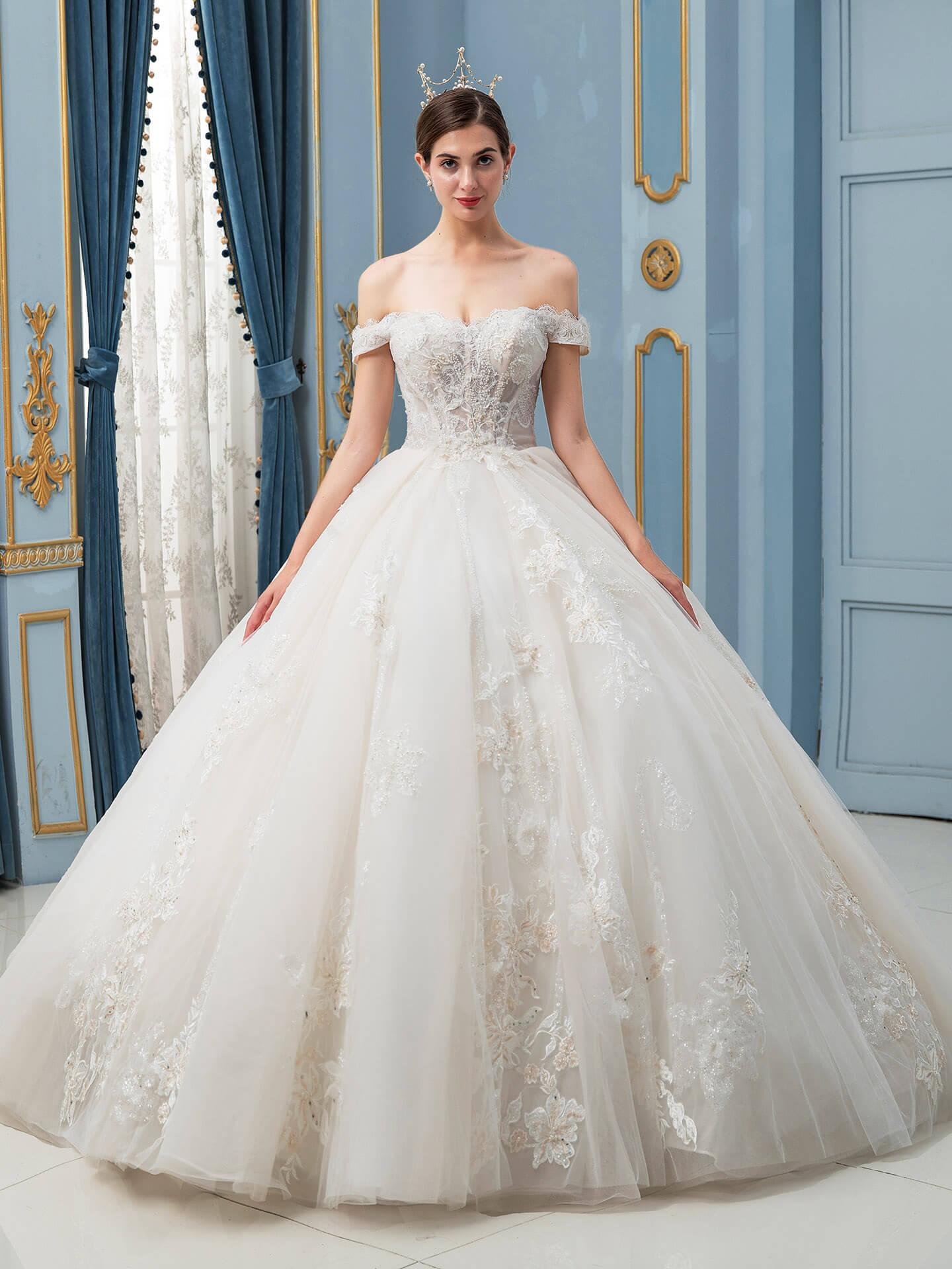 Vestidos de novia de estilo gala hechos a mano con cuentas, lujosos, largos hasta el suelo, hombros descubiertos y cola larga