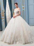 Vestidos de novia de estilo gala hechos a mano con cuentas, lujosos, largos hasta el suelo, hombros descubiertos y cola larga