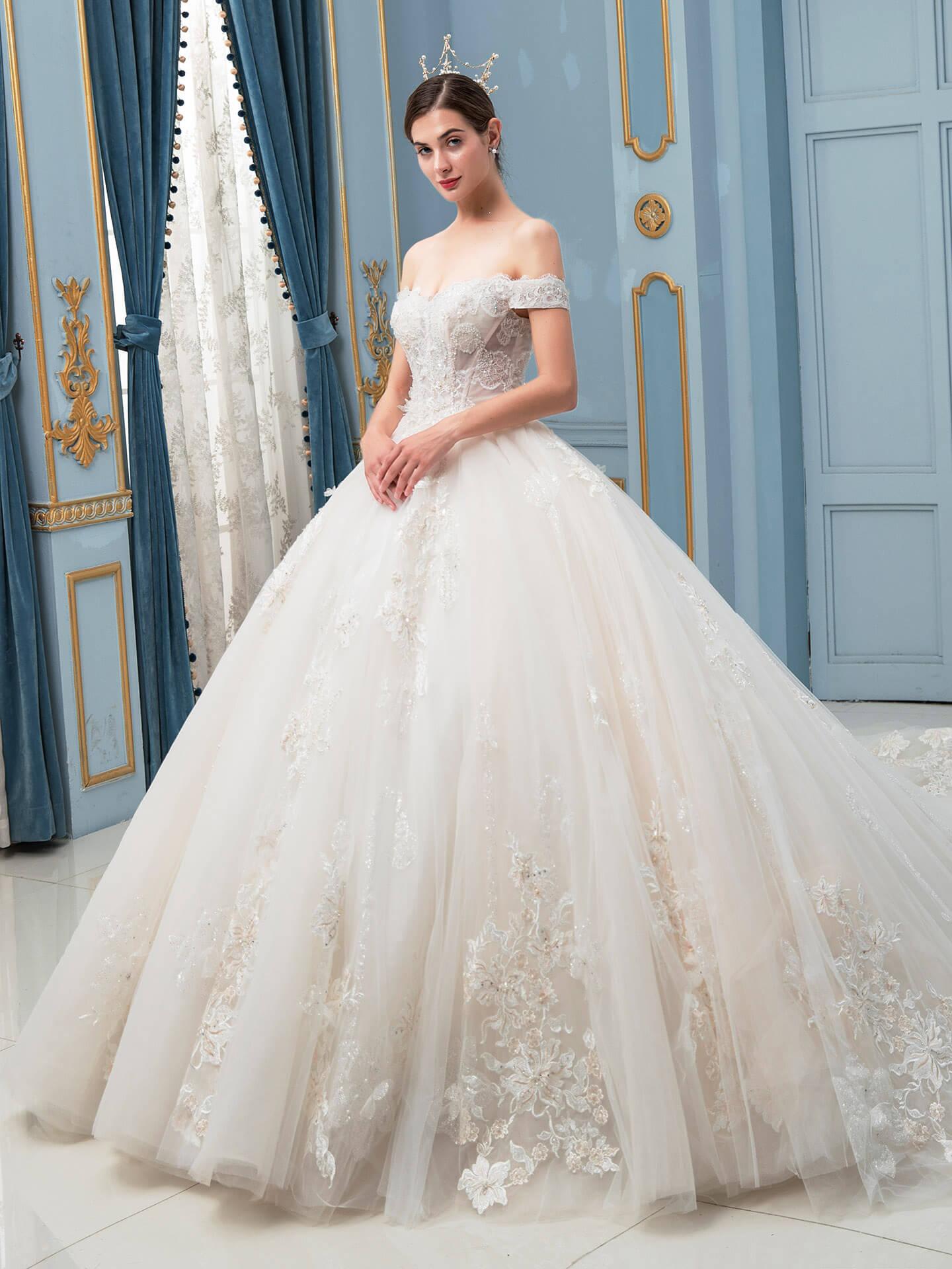 Vestidos de novia de estilo gala hechos a mano con cuentas, lujosos, largos hasta el suelo, hombros descubiertos y cola larga