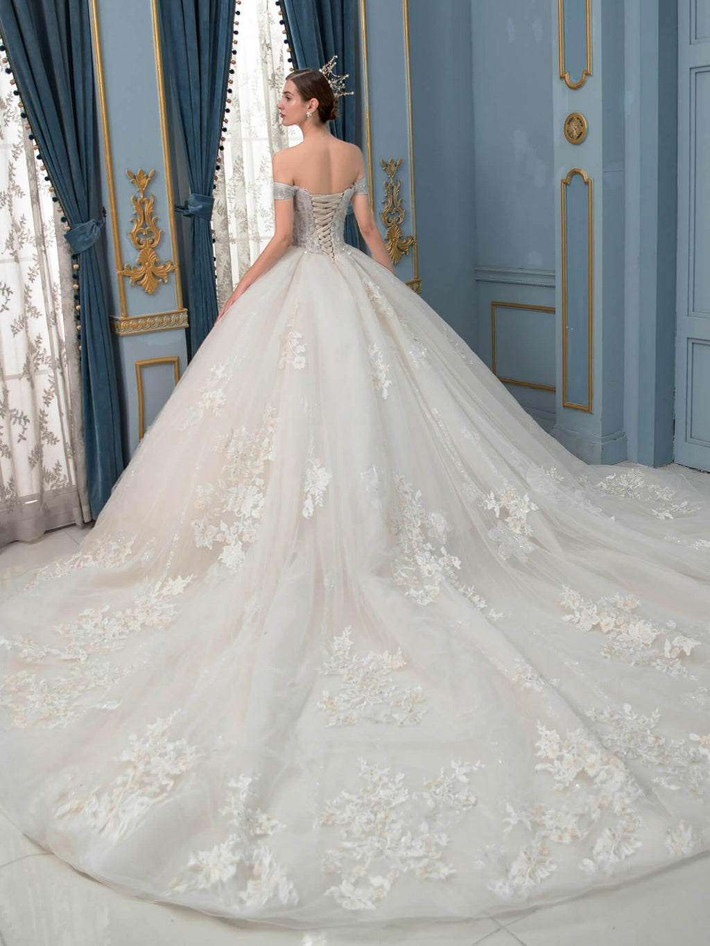 Vestidos de novia de estilo gala hechos a mano con cuentas, lujosos, largos hasta el suelo, hombros descubiertos y cola larga
