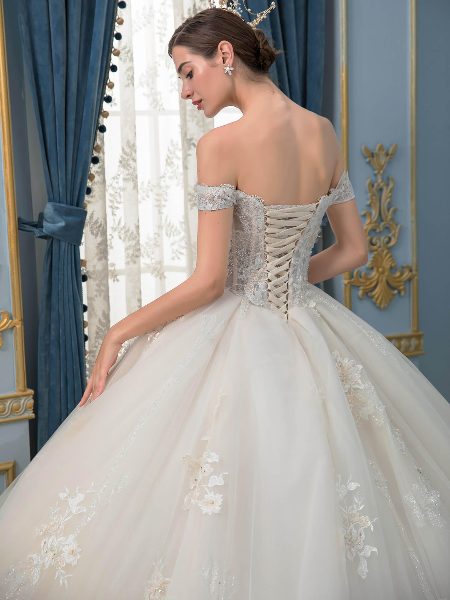 Vestidos de novia de estilo gala hechos a mano con cuentas, lujosos, largos hasta el suelo, hombros descubiertos y cola larga