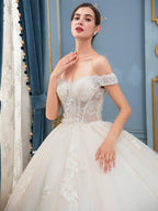 Vestidos de novia de estilo gala hechos a mano con cuentas, lujosos, largos hasta el suelo, hombros descubiertos y cola larga
