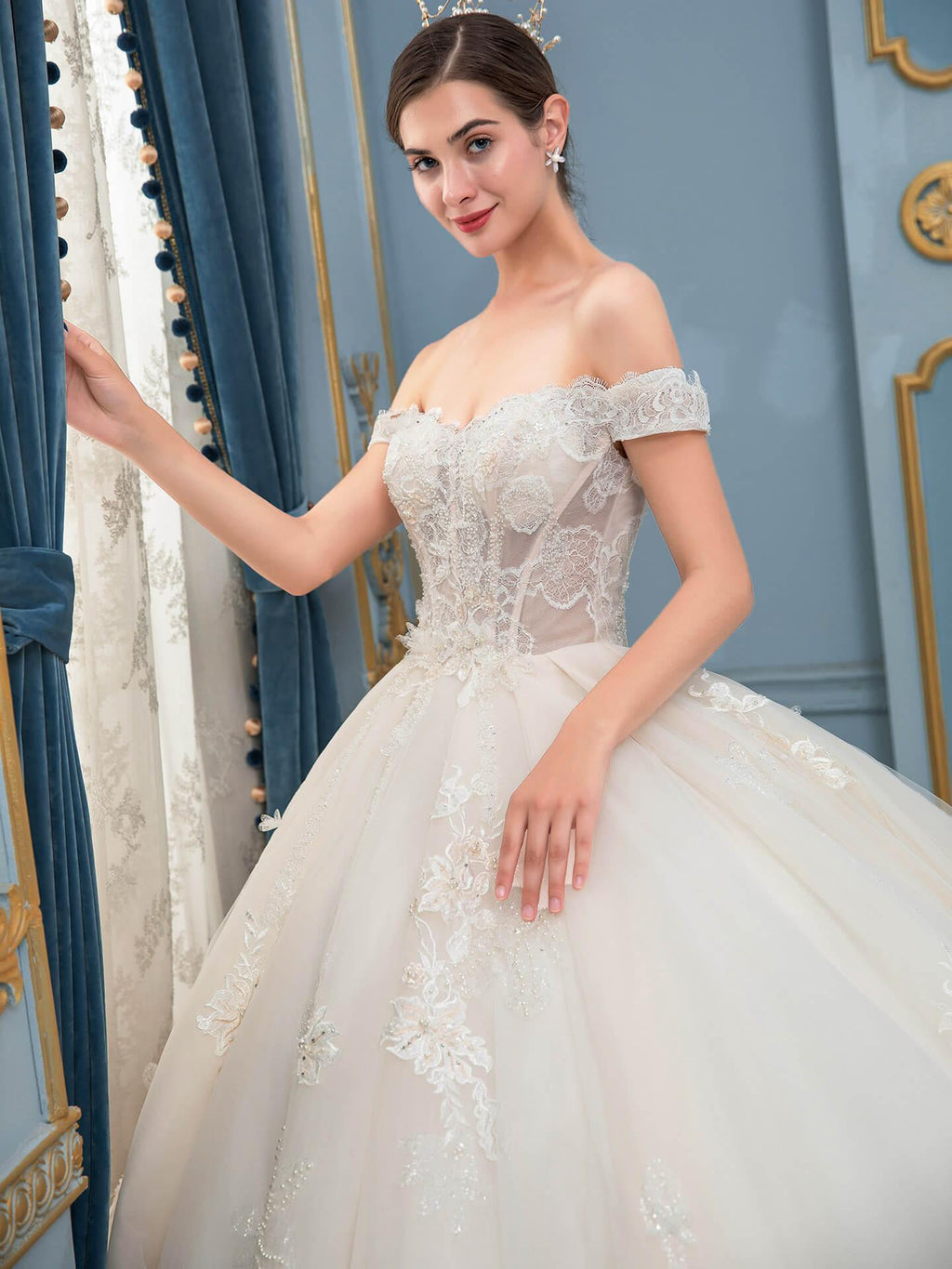 Vestidos de novia de estilo gala hechos a mano con cuentas, lujosos, largos hasta el suelo, hombros descubiertos y cola larga