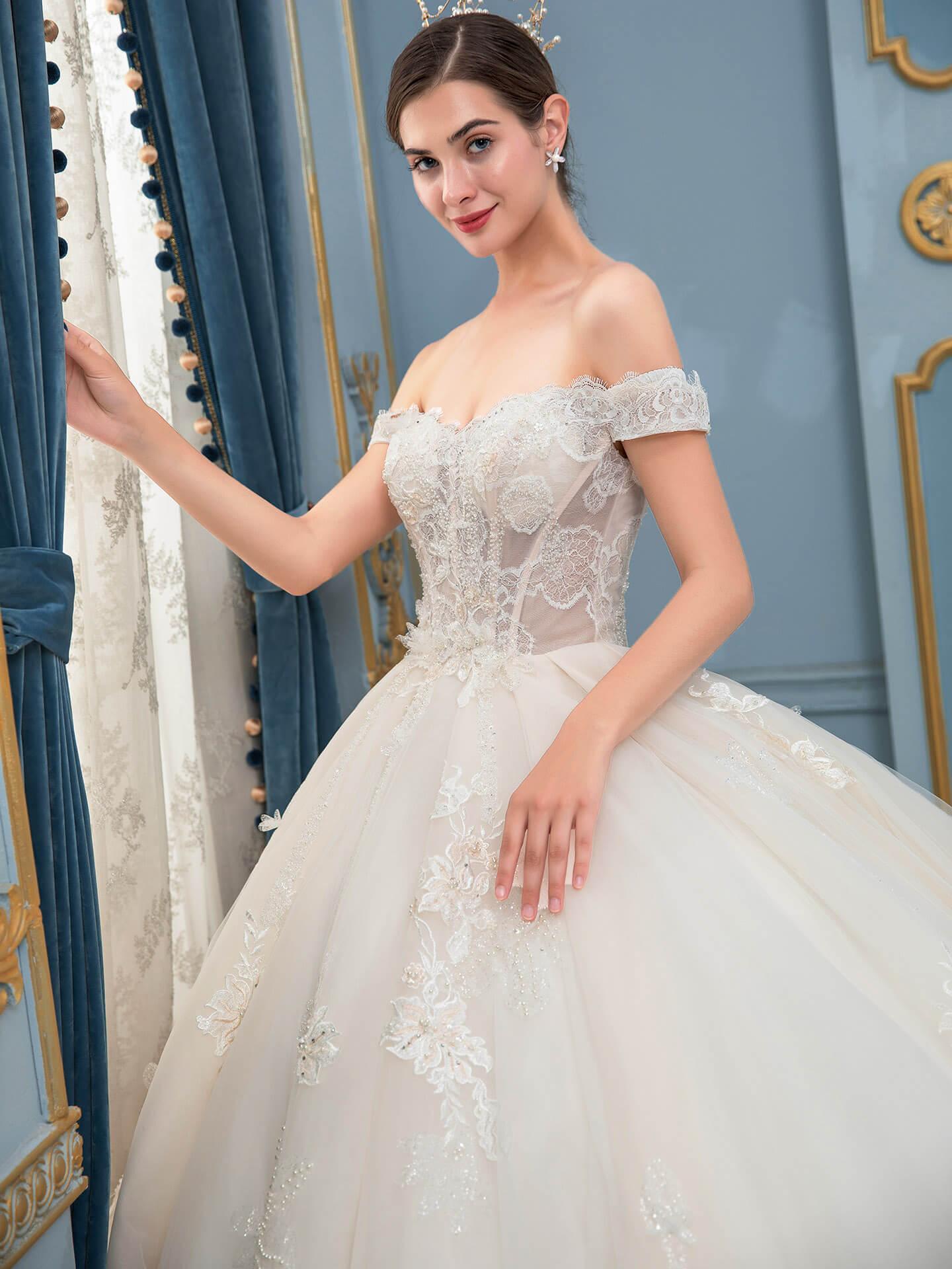 Vestidos de novia de estilo gala hechos a mano con cuentas, lujosos, largos hasta el suelo, hombros descubiertos y cola larga