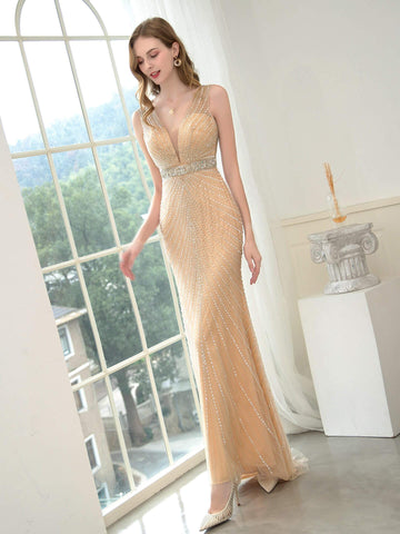 NumberSea - Numbersea Mermaid / Trumpet V - neck Beaded Luxurious Sexy Formal Evening Dresses Sleeveless Floor Length Prom Dresses