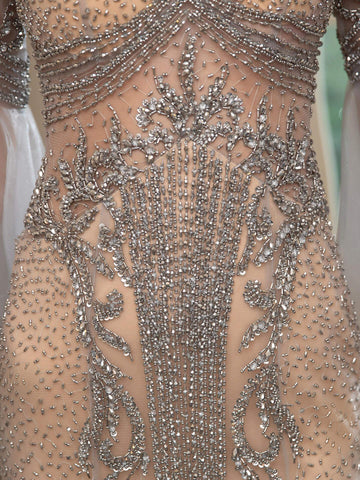 Numbersea Meerjungfrau Perlen Luxuriöse Mode Formale Abendkleider Lange Ärmel Bodenlangen 