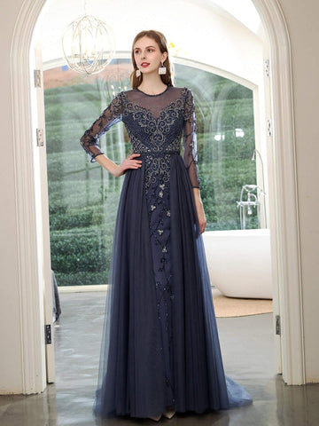 Numbersea Mermaid Beaded Luxurious Fashion Formal Evening Dresses Long Sleeve Floor Length