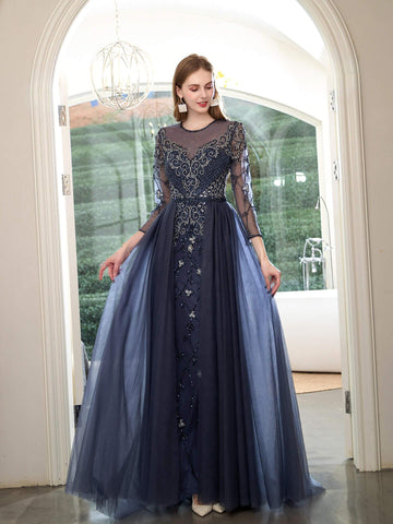 Numbersea Mermaid Beaded Luxurious Fashion Formal Evening Dresses Long Sleeve Floor Length