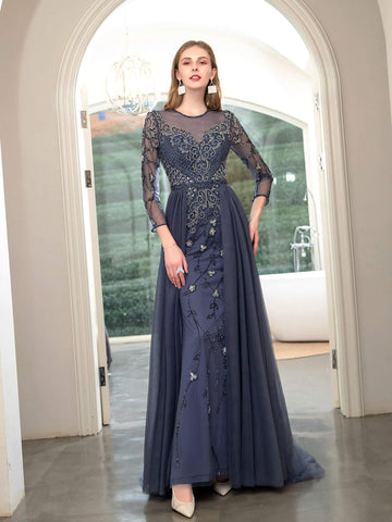 Numbersea Mermaid Beaded Luxurious Fashion Formal Evening Dresses Long Sleeve Floor Length