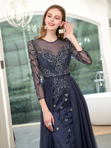 Numbersea Mermaid Beaded Luxurious Fashion Formal Evening Dresses Long Sleeve Floor Length