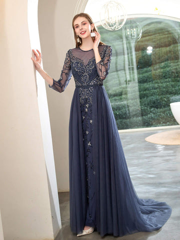 Numbersea Mermaid Beaded Luxurious Fashion Formal Evening Dresses Long Sleeve Floor Length
