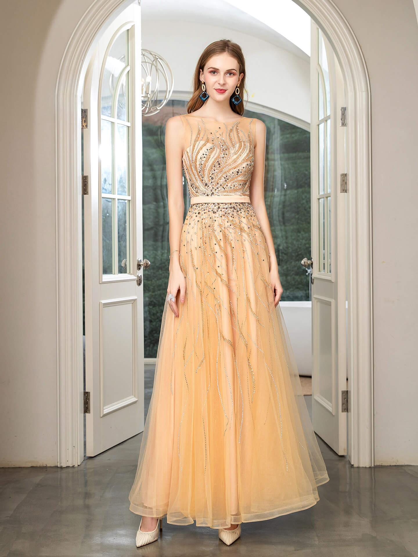 NumberSea - Numbersea A - line Beaded Luxurious Sexy Formal Evening Dresses Sleeveless Floor Length Prom Dresses