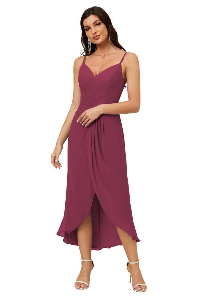 Numbersea Spaghetti Chiffon V Neck Bridesmaid Dress Mid-Length Slit Formal Prom Dress Homecoming Dress 2803-numbersea