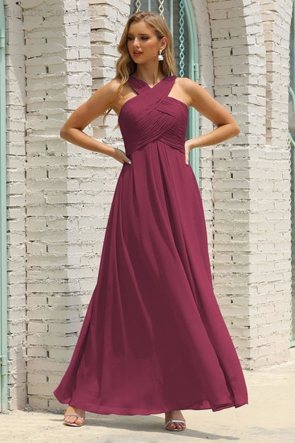 Numbersea Women Halter Chiffon Bridesmaid Dress A-line Long Formal Prom Gown SEA28015-numbersea