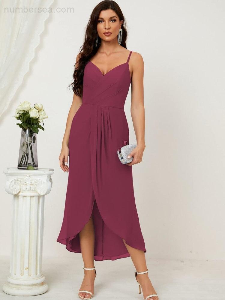 Numbersea Spaghetti Chiffon V Neck Bridesmaid Dress Mid-Length Slit Formal Prom Dress Homecoming Dress 2803-numbersea