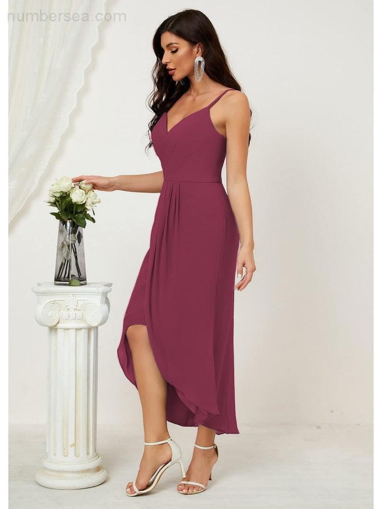 Numbersea Spaghetti Chiffon V Neck Bridesmaid Dress Mid-Length Slit Formal Prom Dress Homecoming Dress 2803-numbersea