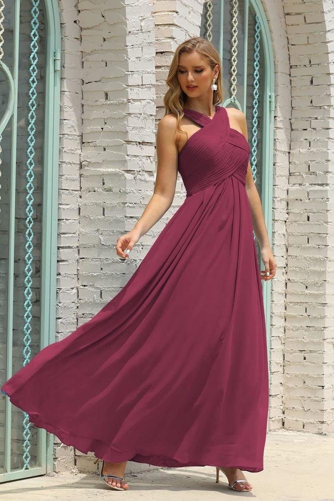 Numbersea Women Halter Chiffon Bridesmaid Dress A-line Long Formal Prom Gown SEA28015-numbersea