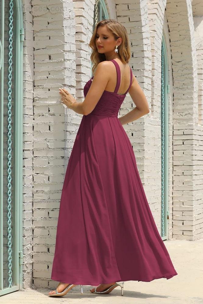 Numbersea Women Halter Chiffon Bridesmaid Dress A-line Long Formal Prom Gown SEA28015-numbersea