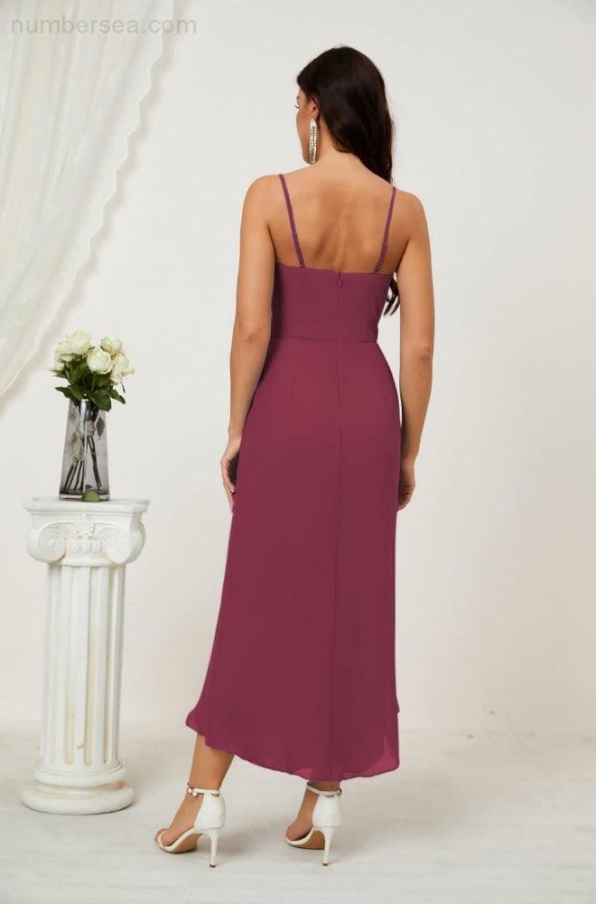 Numbersea Spaghetti Chiffon V Neck Bridesmaid Dress Mid-Length Slit Formal Prom Dress Homecoming Dress 2803-numbersea