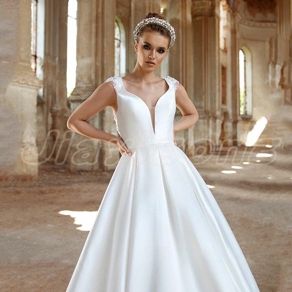 NumberSea-Satin Wedding Dress New Arrival Cap Sleeve V Neck Beading Belt  Back A Line Bridal Dresses